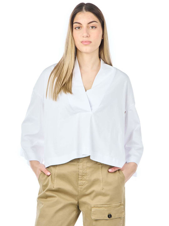 Psophia Damen Sommer Bluse Kurzärmelig mit V-Ausschnitt Weiß
