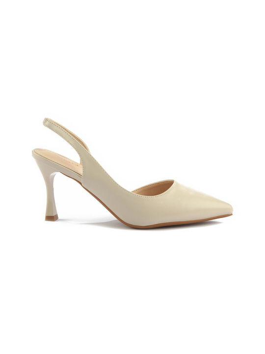 Fshoes Synthetic Leather Pointed Toe Beige Heels