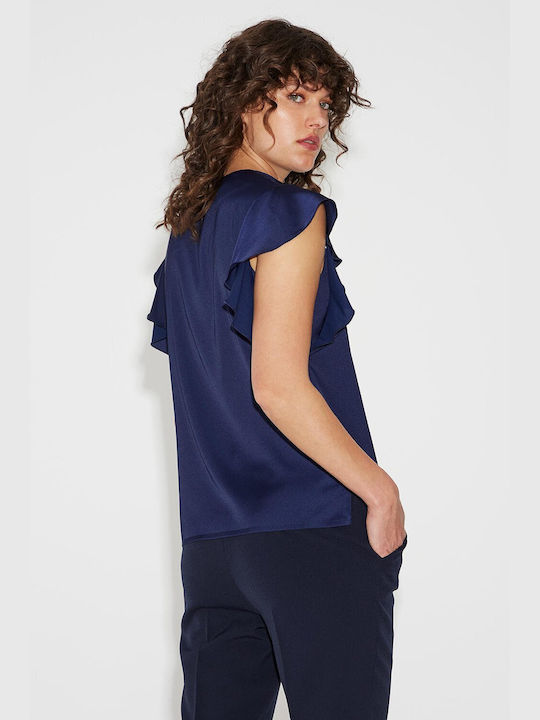 Bill Cost Women's Summer Blouse Satin with V Neckline Blue