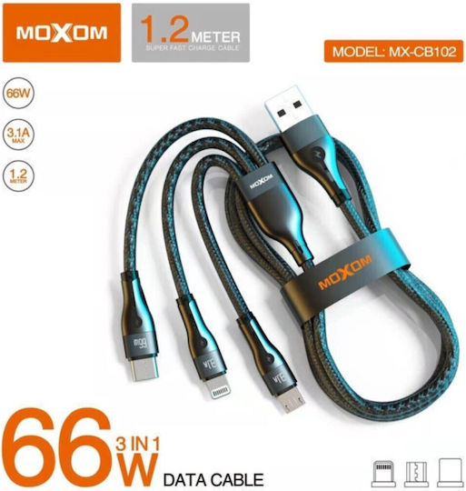 Moxom USB to Lightning / Type-C / micro USB Cable Μαύρο 1.2m