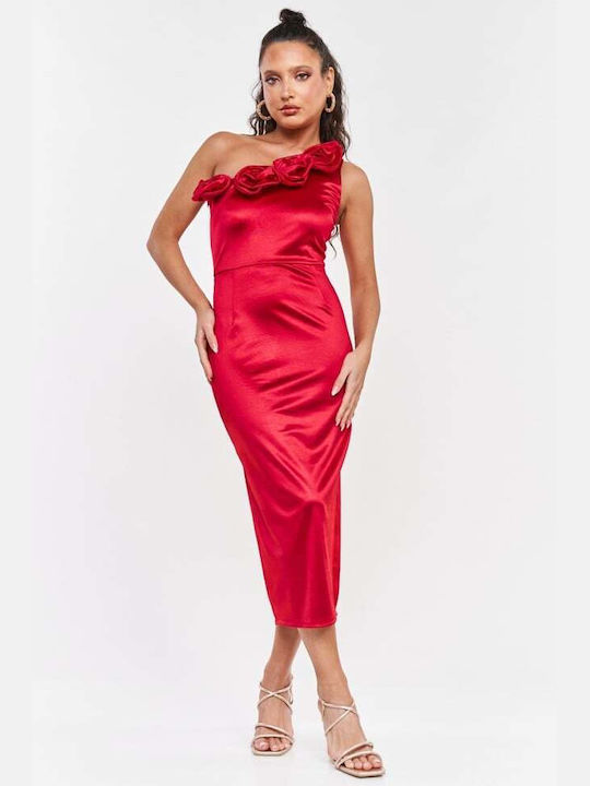 Decoro Midi Evening Dress Satin with Slit Red