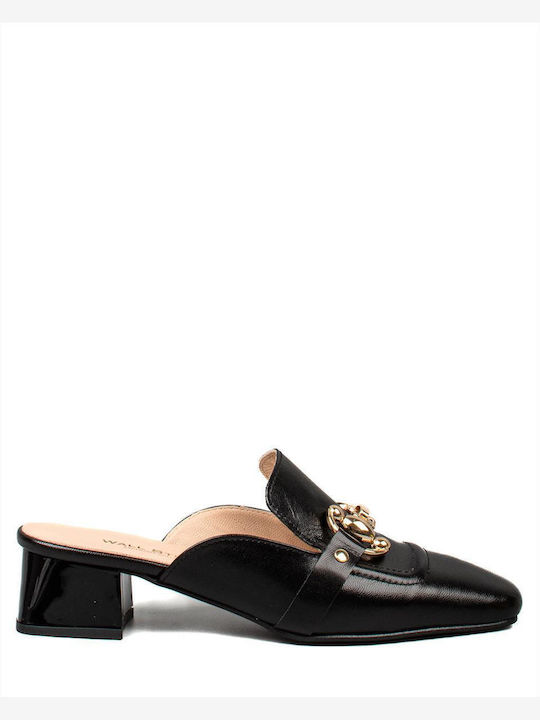 Wall Street Heel Leather Mules Black