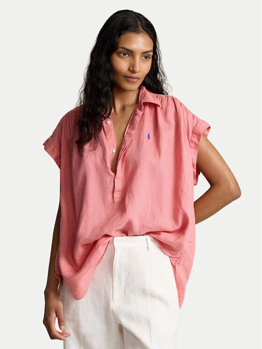 Ralph Lauren Langärmelig Damen Leinen Hemd Rosa