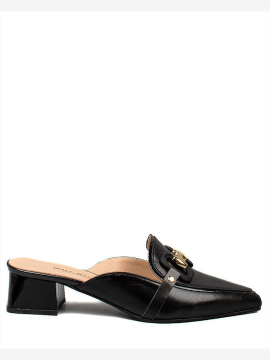 Leather Mules with Chunky Heel in Black Color