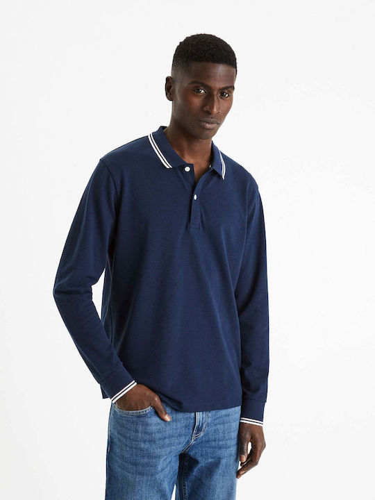 Celio Men's Long Sleeve Blouse Polo Blue