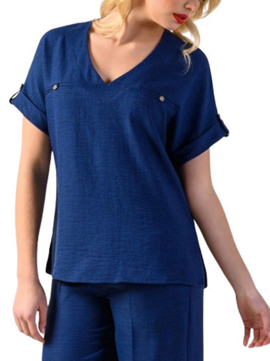Derpouli Women's Summer Blouse Short Sleeve with V Neck Blue