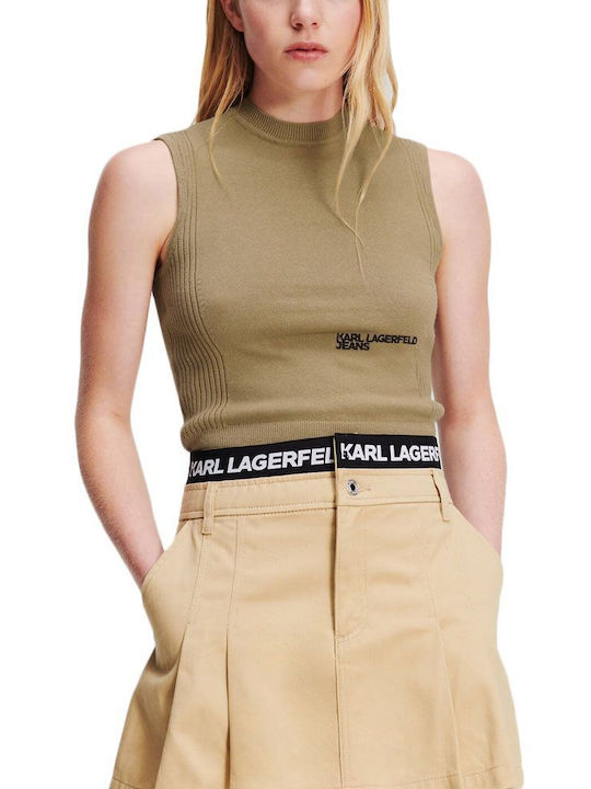 Karl Lagerfeld Γυναικείο Crop Top Βαμβακερό Αμάνικο Μπεζ