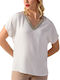 Derpouli Damen Sommerliche Bluse Kurzärmelig mit V-Ausschnitt Ecru