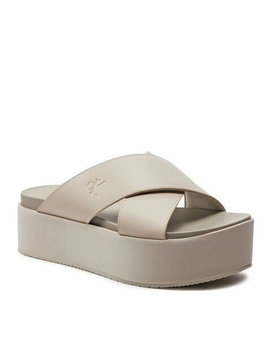 Δερμάτινα Γυναικεία Σανδάλια Flatforms Μπεζ