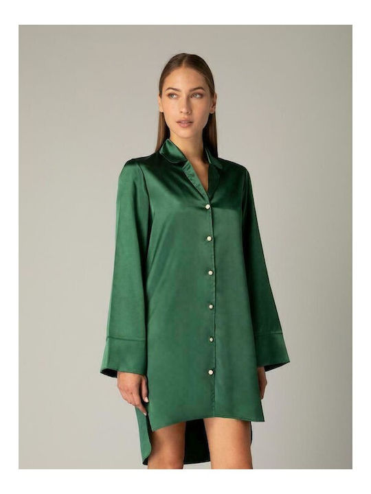 Milena by Paris Women's Satin Long Sleeve Shirt Green