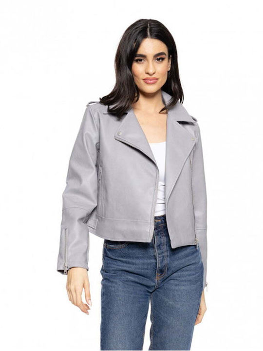 Splendid Women's Short Biker Artificial Leather Jacket for Winter Gray