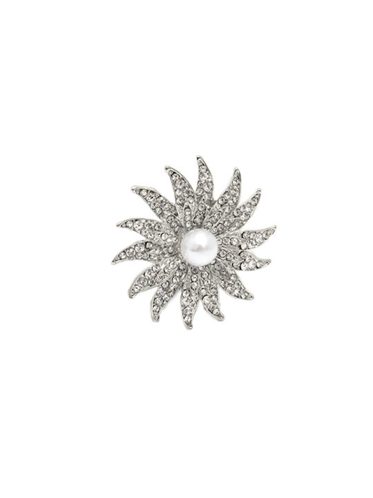 Sun-shaped lapel pin with pearl and white strass with length 4 cm in silver shade