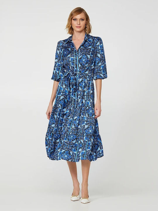 Lynne Midi Shirt Dress Dress Satin with Ruffle Blue