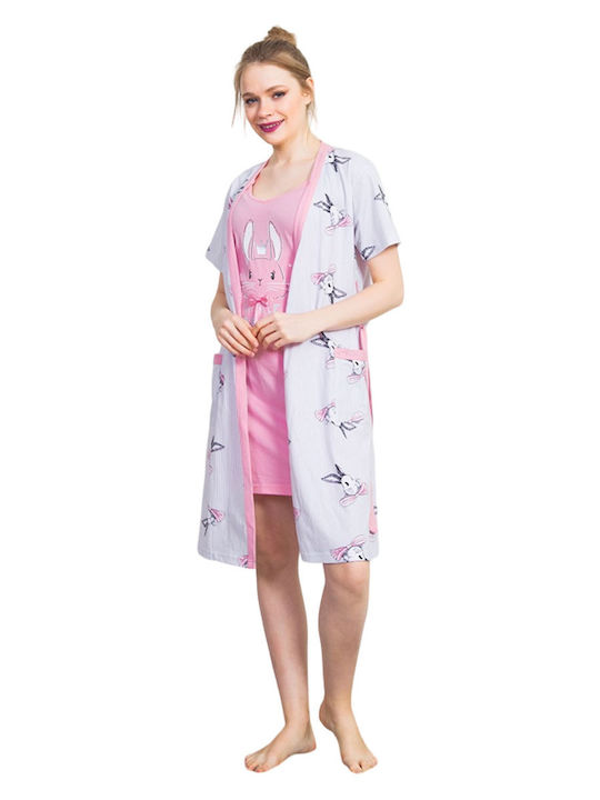 Vienetta Secret Women's Summer Cotton Robe with Nightgown Pink