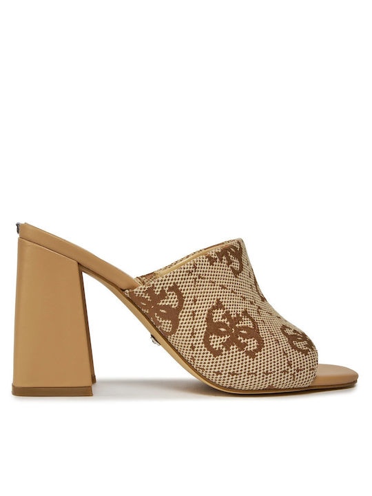 Leather Mules with Chunky High Heel in Beige Color