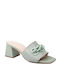 Leather Mules with Chunky Low Heel in Turquoise Color