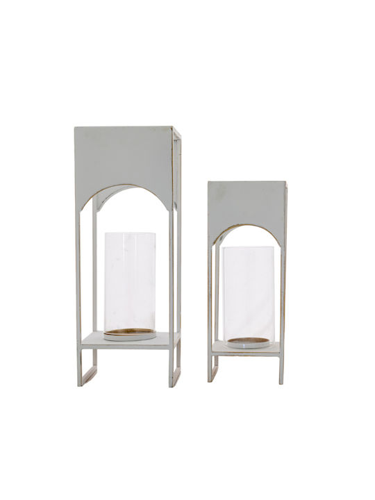 Set of 2 Metal Lanterns White Gold With Glass Size 14,2x14,2x37,2cm and 18x18x46,8cm