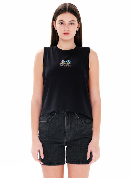 Peace Sunshine All The Time Damen Crop Top Baumwolle Ärmellos Schwarz