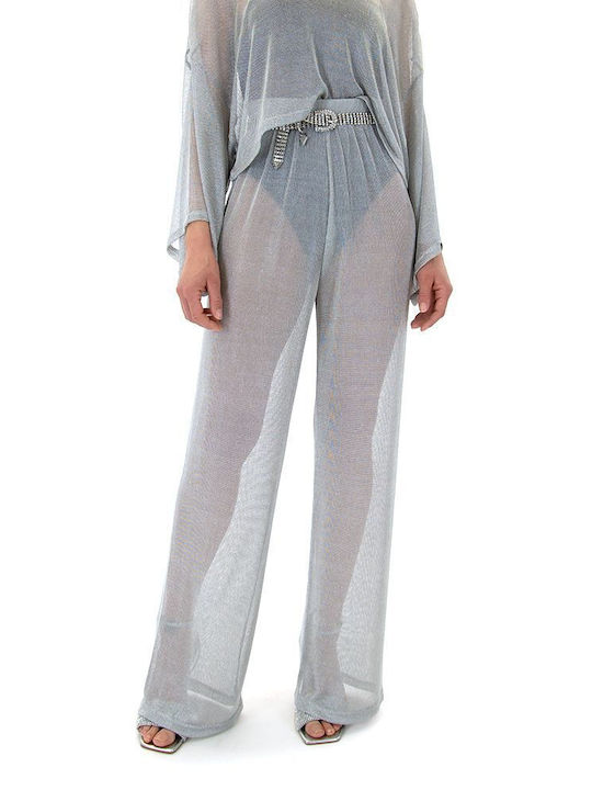 Zoya Pantaloni cu talie înaltă și talie înaltă cu picior larg Zoya Silver (145-867-012-silver)