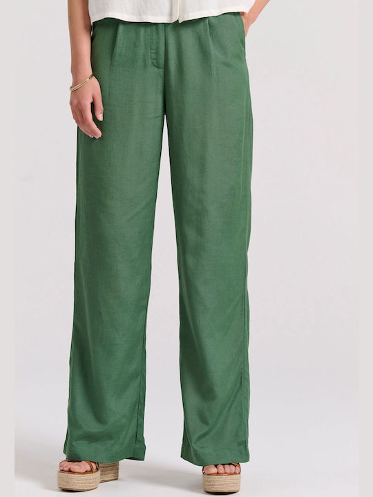 Wide Leg Linen Blend Pants with Single Piece Wa...