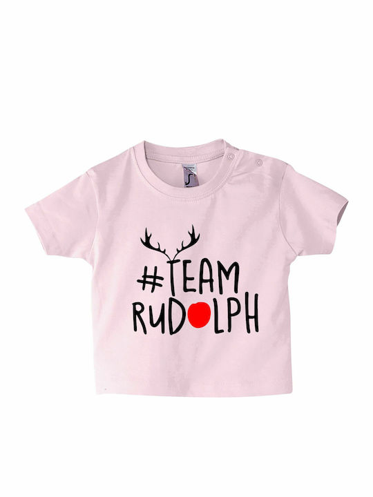 Kids T-shirt Baby Pink Team Rudolf, Christmas