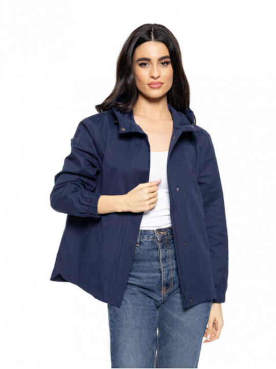 Splendid Women's Short Lifestyle Jacket for Winter with Hood Navy Blue