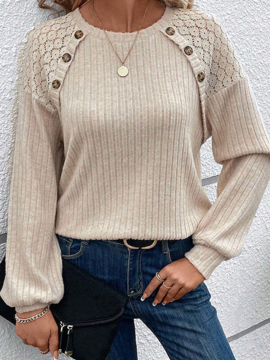 Beige Lace Knitted Top With Buttons Valene Parchment