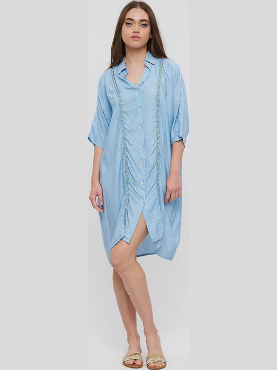 Ble Long-Sleeve Shirt Light Blue With Gold Cords One Size (100% Rayon)cm 5-41-348-0726