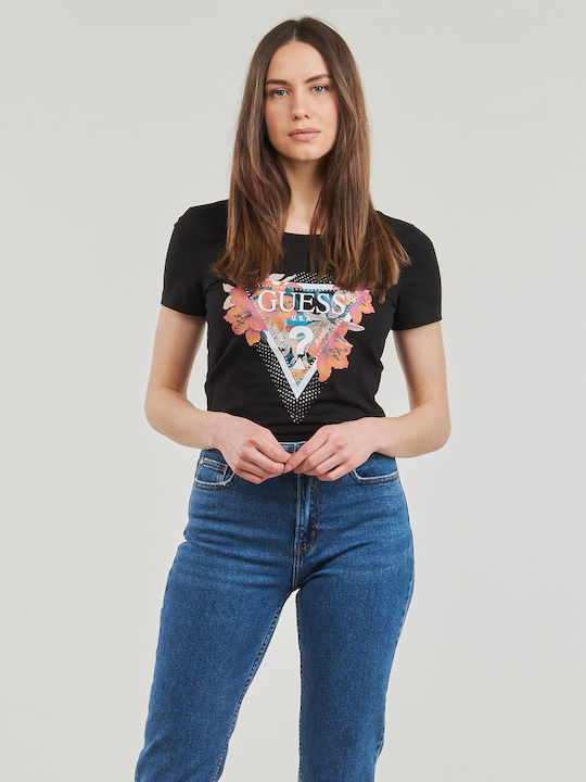 Guess Triangle Damen Sport T-Shirt Blumen Black