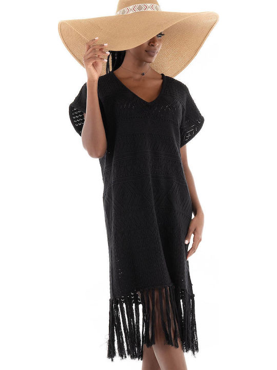 Pointelle Stitch Fringing Καλοκαιρινό Mini Φόρεμα Πλεκτό Μαύρο