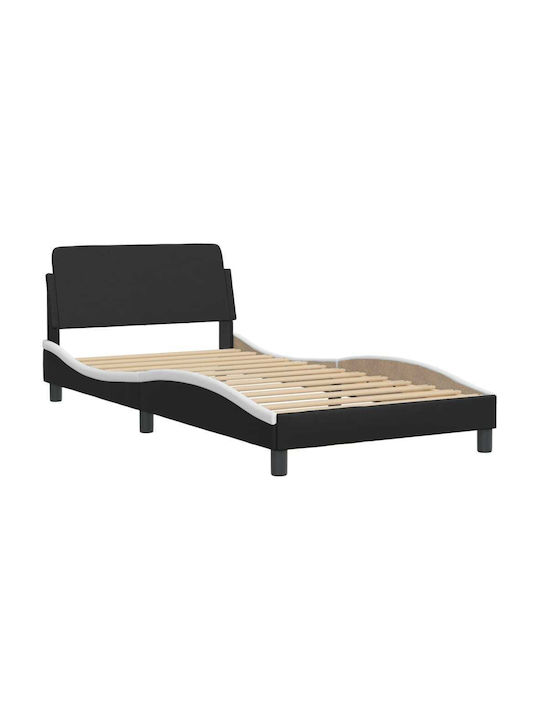 Κρεβάτι Μονό Επενδυμένο με Δερματίνη Μαύρο/λευκό με Τάβλες για Στρώμα 100x200cm