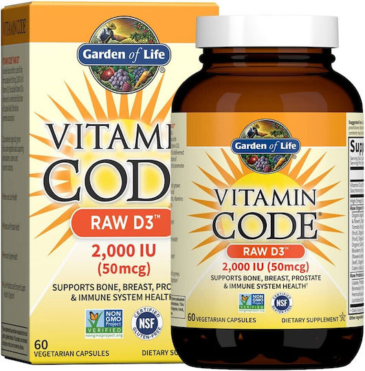Garden Of Life Vitamin Code Raw D3 Vitamina pentru Întărirea Sistemului Imunitar & Sănătatea Oaselor 2000iu 60 capace