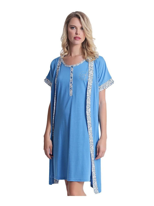 Lydia Creations Summer Women's Cotton Robe with Nightdress Blue