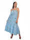 Morena Spain Maxi Kleid mit Rüschen Hellblau