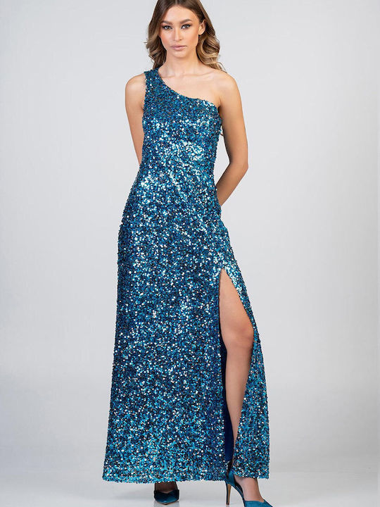 Bellino Maxi Βραδινό Φόρεμα με Σκίσιμο Μπλε