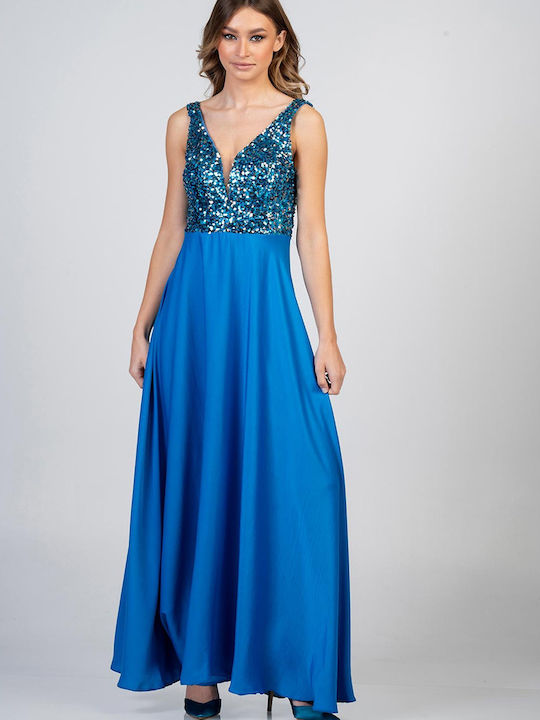 Bellino Maxi Evening Dress Satin with Slit Blue