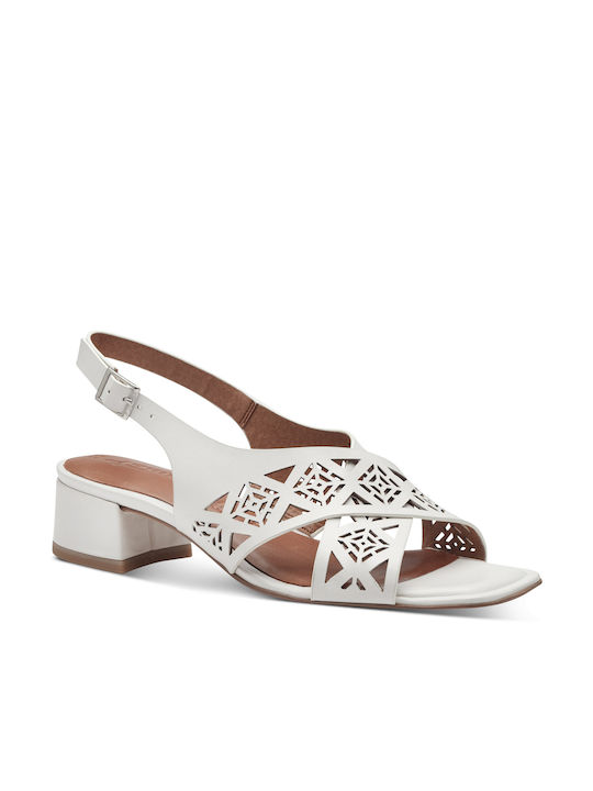 Tamaris Leather Women's Sandals White with Chunky Low Heel