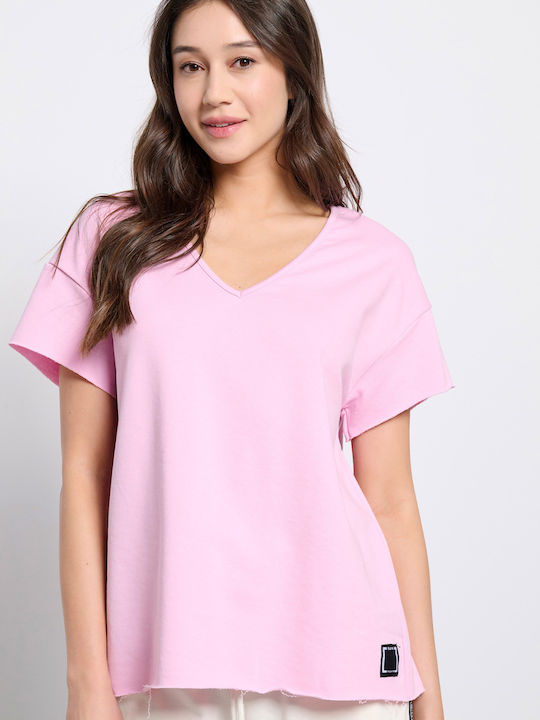 BodyTalk Γυναικεία Μπλούζα Βαμβακερή Κοντομάνικη με V Λαιμόκοψη Ροζ