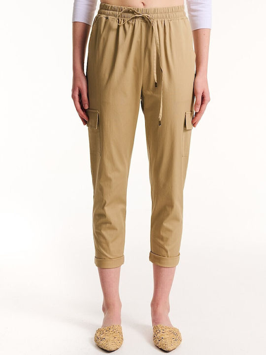 Damen Stoff Cargo Hose mit Gummizug Camel Beige