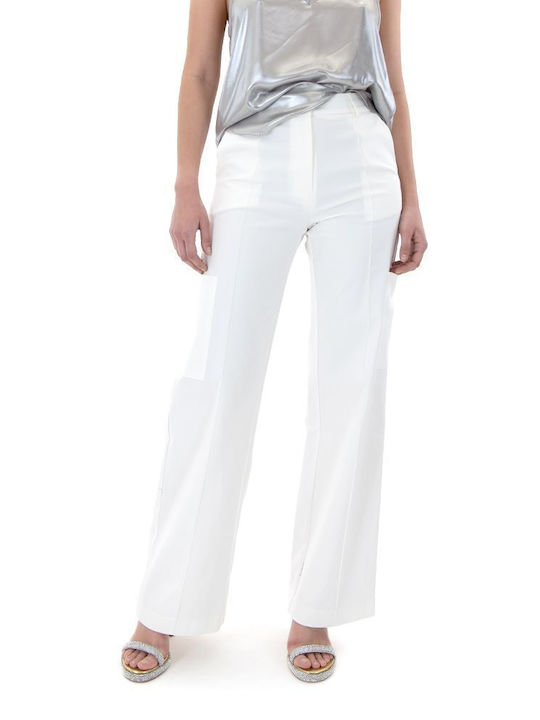 Zoya Women's High-waisted Cotton Trousers in Wide Line Ecru