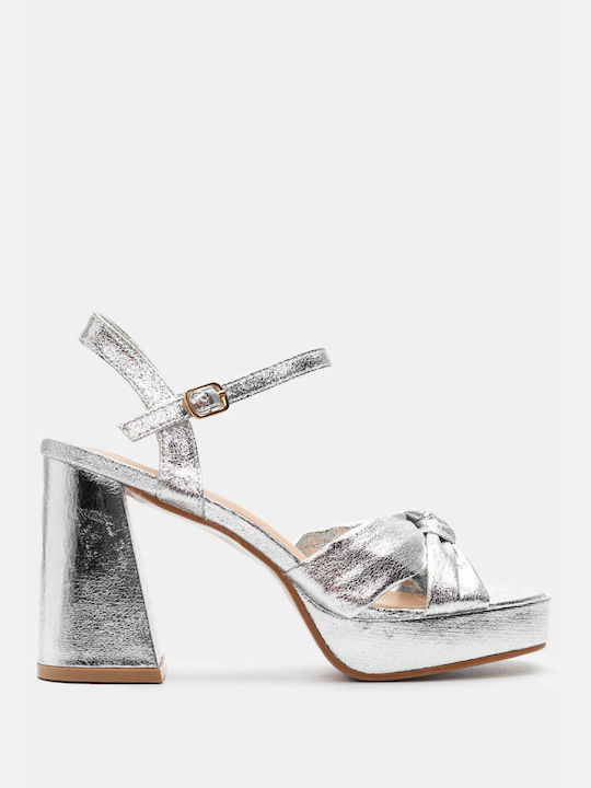 Luigi Platform Synthetic Leather Women's Sandals with Ankle Strap Silver with Low Heel