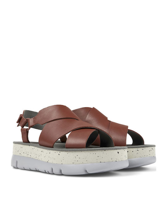 Camper Oruga Up Leather Women's Flat Sandals Brown