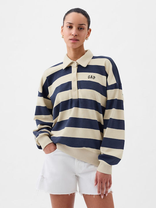 GAP Logo Women's Polo Shirt Long Sleeve Striped Navy