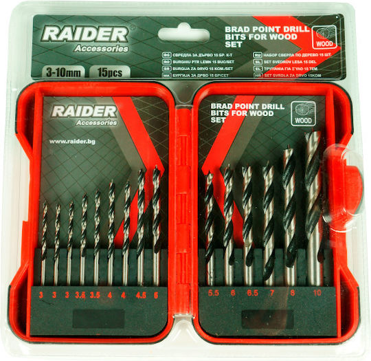 Raider Set of 15 Drills with Cylindrical Shank for Wood