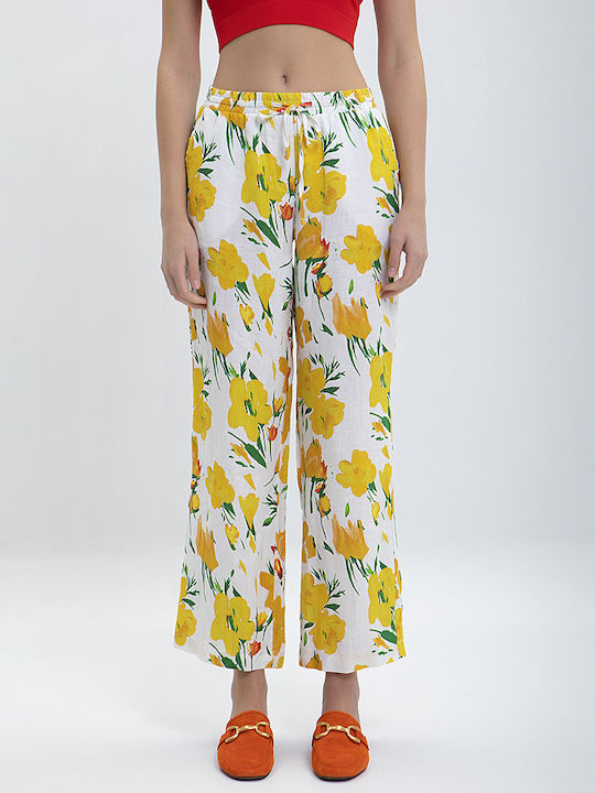 Clarina Women's Linen Trousers Floral Yellow