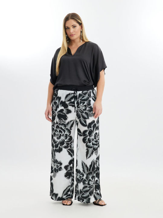 Mat Fashion Women's Satin Trousers with Elastic Floral Black