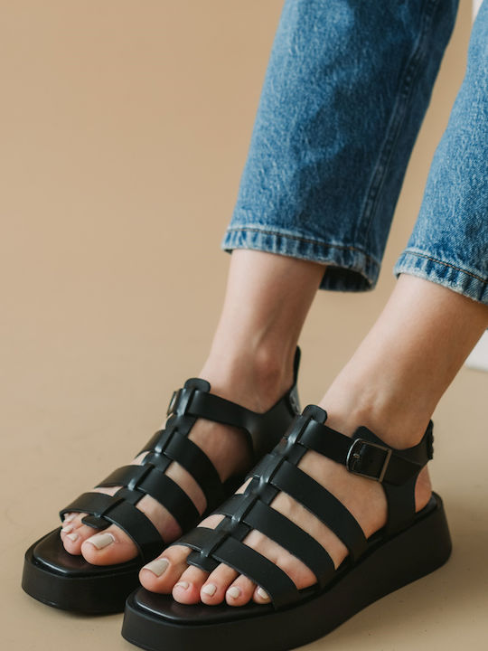 Δερμάτινα Γυναικεία Σανδάλια Gladiator Flatforms Μαύρα