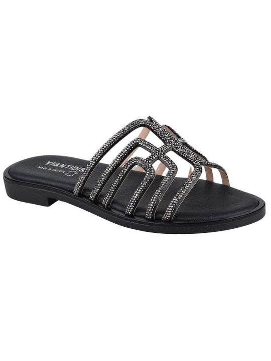 Yfantidis Leather Women's Sandals with Strass Black