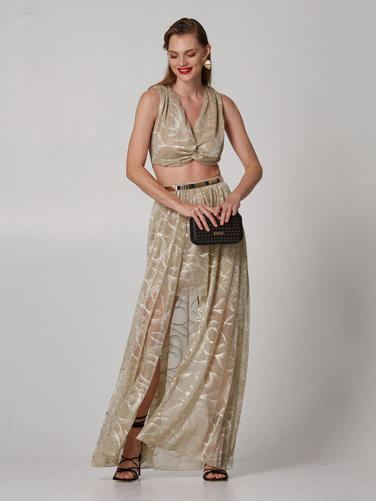 Lynne Maxi Βραδινό Φόρεμα Εξώπλατο με Δαντέλα Χρυσο