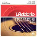 Daddario Set of Phosphor Bronze Strings for Acoustic Guitar 12-52"